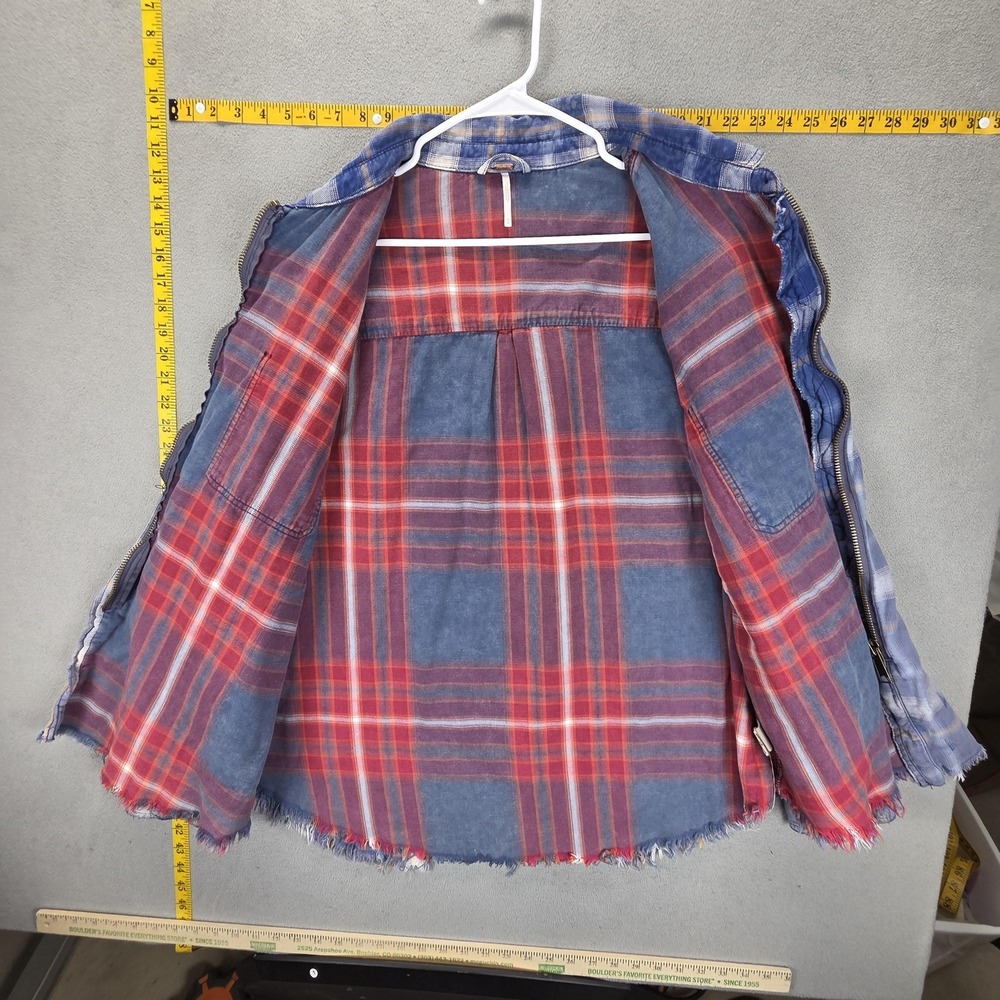 Free People Jacket Womens M Blue Deconstructed Plaid Flannel Studded Zip - Picture 13 of 15